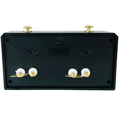 Black rectangular box with gold knobs and connectors, illustrating the timer's professional appearance.