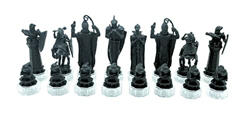 Black chess pieces in ornate medieval design