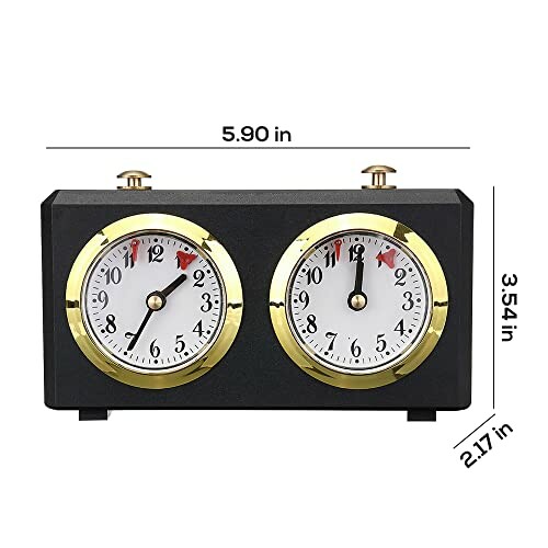 Chess clock with dimensions shown, highlighting its compact design.