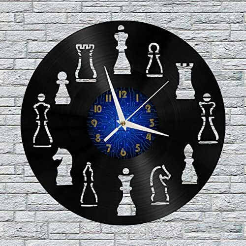 Wall clock with chess piece designs on a brick wall.