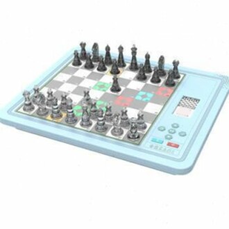 Electronic chess board with pieces set up for play.