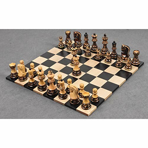 Ornate chess set displayed on a board with pieces in starting positions.